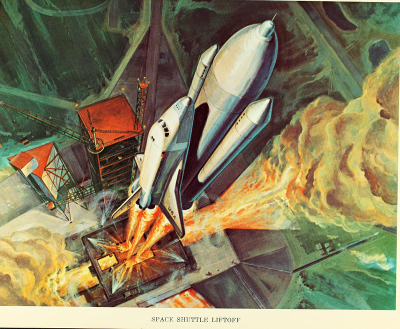 Illustration for article titled This concept art from the Shuttle Program's early days is gorgeous, deliciously retro